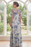 Blue Flower Boat Neck A Line Long Mother of the Bride Dress with Slit