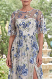 Blue Flower Boat Neck A Line Long Mother of the Bride Dress with Slit