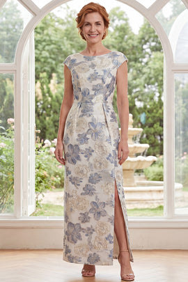 Dusty Blue Boat Neck Floral Sheath Long Mother of the Bride Dress with Slit