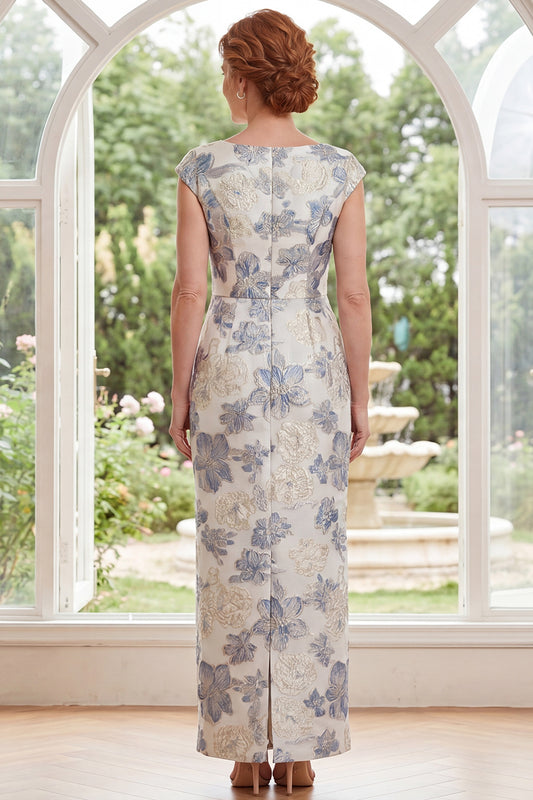 Dusty Blue Boat Neck Floral Sheath Long Mother of the Bride Dress with Slit