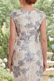 Dusty Blue Boat Neck Floral Sheath Long Mother of the Bride Dress with Slit