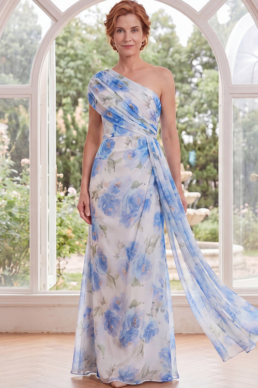 White Blue Flower Mermaid Long Mother of the Bride Dress with Side Cape