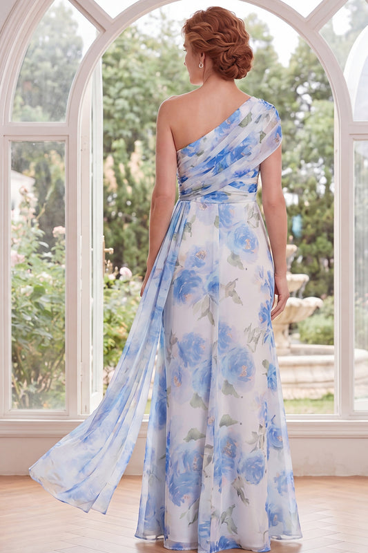 White Blue Flower Mermaid Long Mother of the Bride Dress with Side Cape