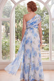White Blue Flower Mermaid Long Mother of the Bride Dress with Side Cape
