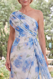 White Blue Flower Mermaid Long Mother of the Bride Dress with Side Cape