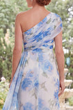 White Blue Flower Mermaid Long Mother of the Bride Dress with Side Cape