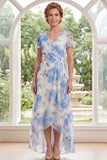 Ruched White Blue Flower A Line Long Mother of the Bride Dress with Ruffles