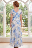 Ruched White Blue Flower A Line Long Mother of the Bride Dress with Ruffles