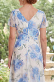 Ruched White Blue Flower A Line Long Mother of the Bride Dress with Ruffles