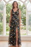 Black V-Neck Floral A Line Long Mother of the Bride Dress with Slit