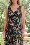 Black V-Neck Floral A Line Long Mother of the Bride Dress with Slit