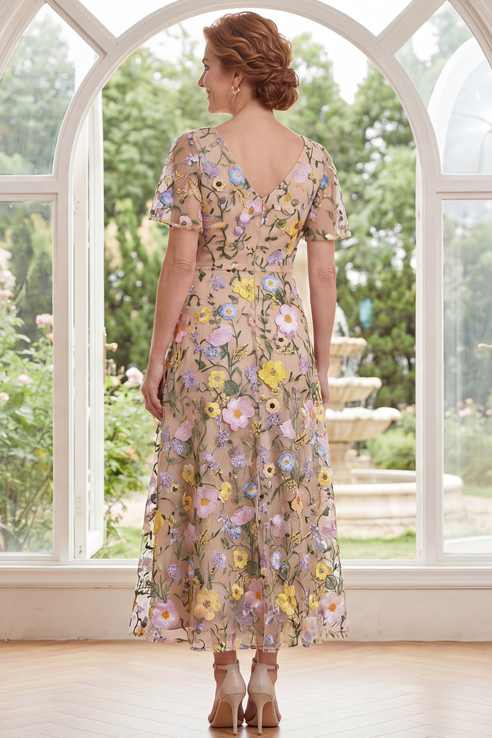 Champagne V-Neck Floral A Line Long Mother of the Bride Dress