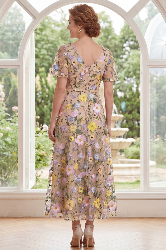 Champagne V-Neck Floral A Line Long Mother of the Bride Dress
