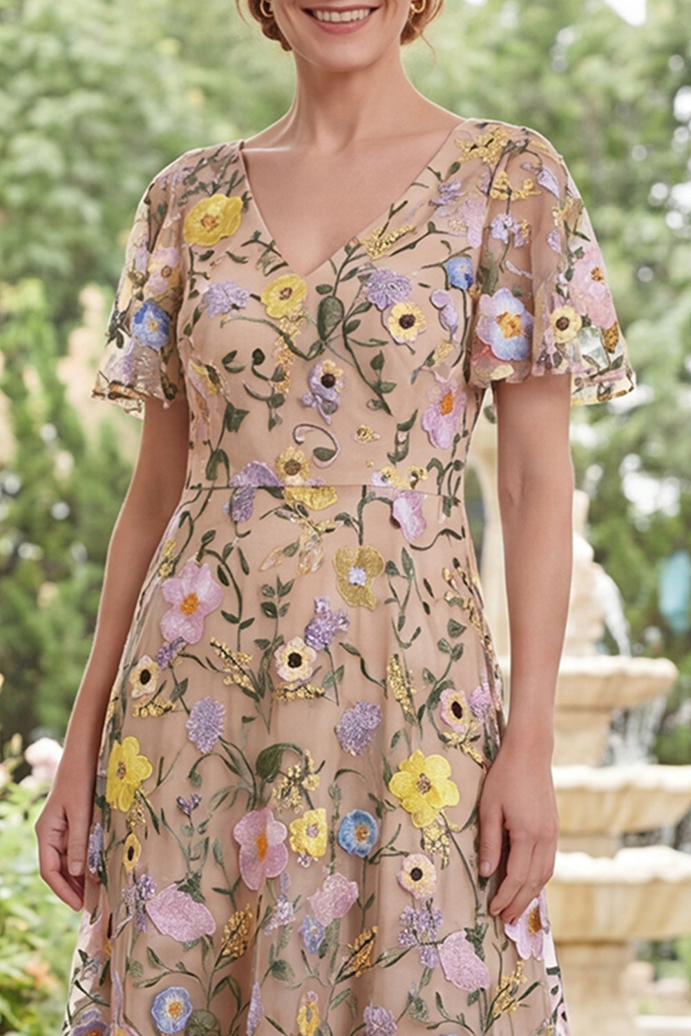 Champagne V-Neck Floral A Line Long Mother of the Bride Dress
