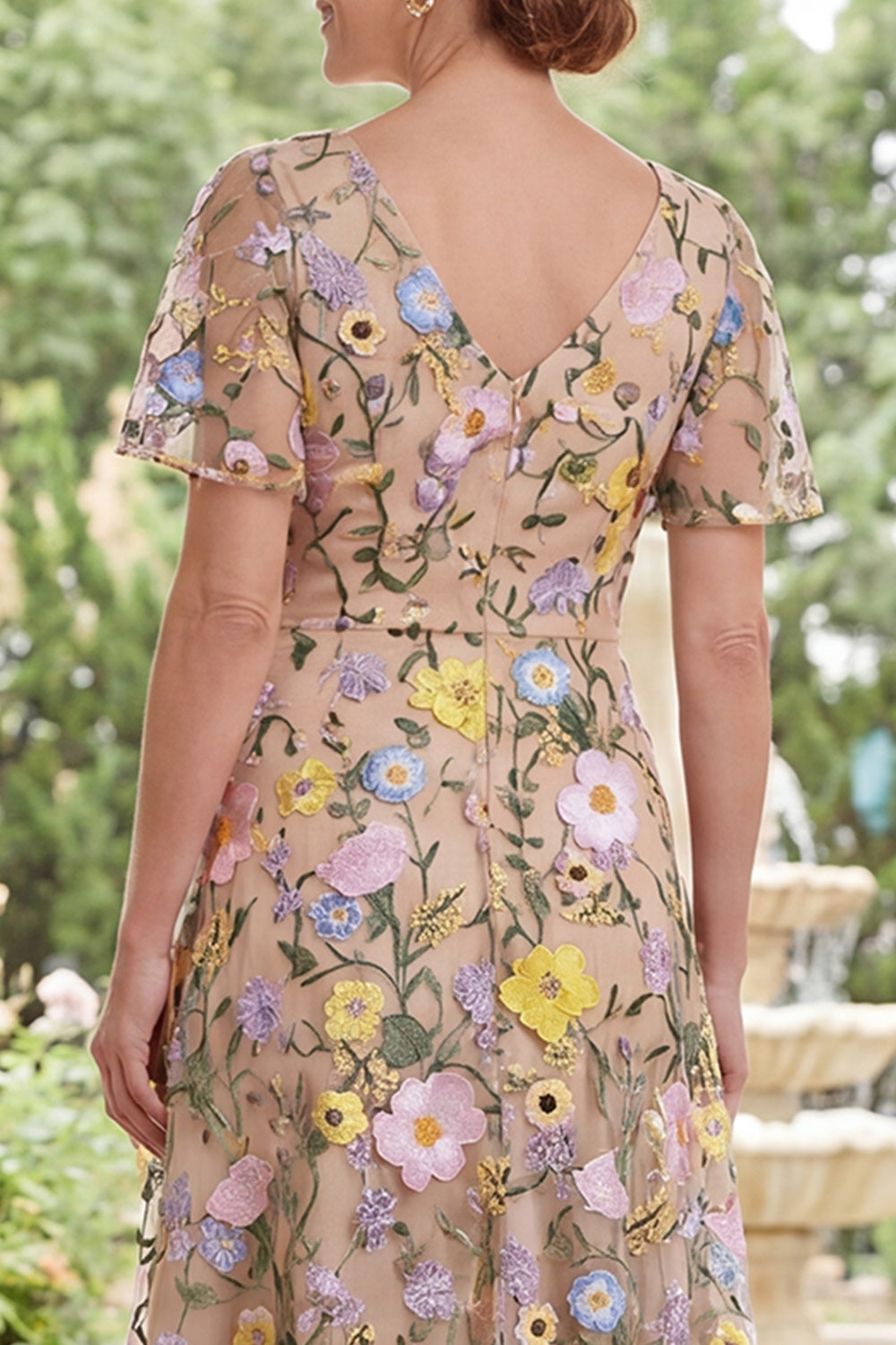Champagne V-Neck Floral A Line Long Mother of the Bride Dress