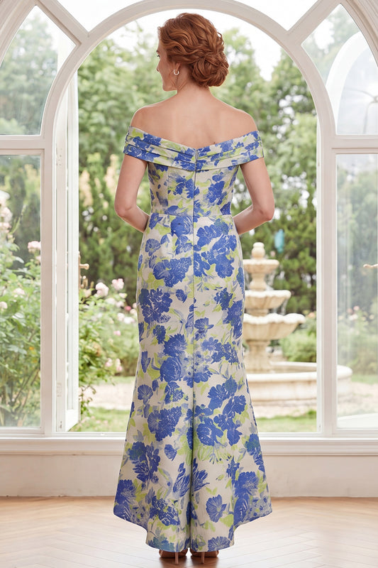 Blue Daffodil Flower Mermaid Off the Shoulder Long Mother of the Bride Dress