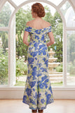 Blue Daffodil Flower Mermaid Off the Shoulder Long Mother of the Bride Dress