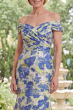 Blue Daffodil Flower Mermaid Off the Shoulder Long Mother of the Bride Dress