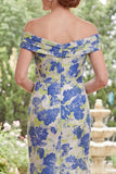 Blue Daffodil Flower Mermaid Off the Shoulder Long Mother of the Bride Dress