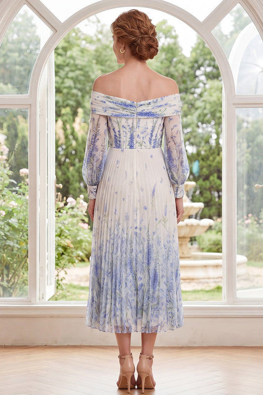 White Blue Flower A Line Long Sleeves Long Mother of the Bride Dress