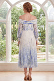 White Blue Flower A Line Long Sleeves Long Mother of the Bride Dress