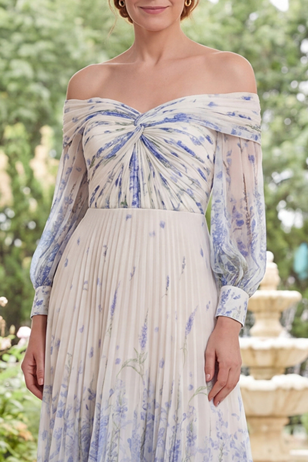 White Blue Flower A Line Long Sleeves Long Mother of the Bride Dress
