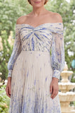 White Blue Flower A Line Long Sleeves Long Mother of the Bride Dress