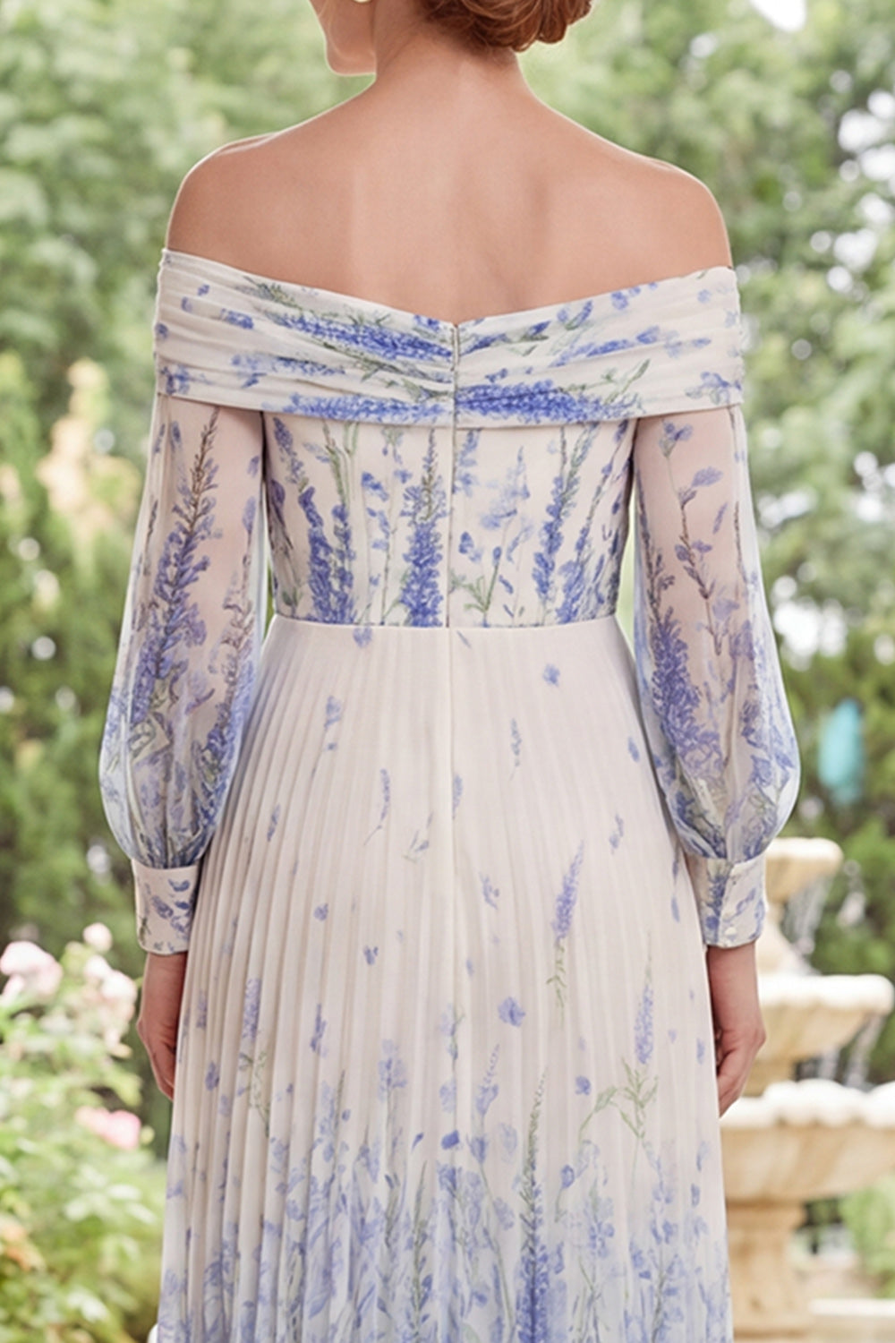 White Blue Flower A Line Long Sleeves Long Mother of the Bride Dress