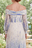 White Blue Flower A Line Long Sleeves Long Mother of the Bride Dress