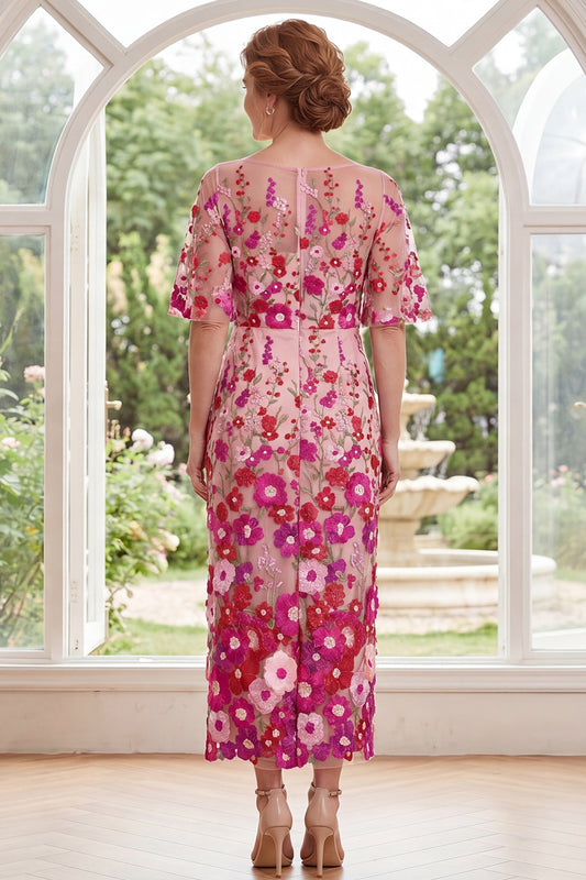 Fuchsia Boat Neck Floral Sheath Long Mother of the Bride Dress with Slit