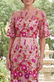 Fuchsia Boat Neck Floral Sheath Long Mother of the Bride Dress with Slit