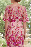 Fuchsia Boat Neck Floral Sheath Long Mother of the Bride Dress with Slit