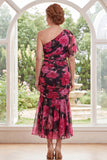 Black Red Flower One Shoulder Mermaid Long Mother of the Bride Dress
