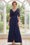 V-Neck Navy Beaded Long Mother of the Bride Dress with Ruffles