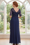 V-Neck Navy Beaded Long Mother of the Bride Dress with Ruffles