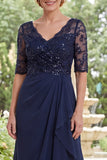 V-Neck Navy Beaded Long Mother of the Bride Dress with Ruffles