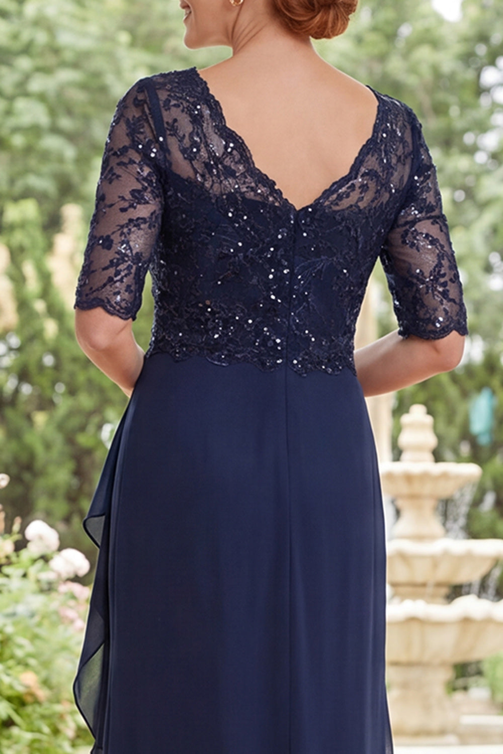 V-Neck Navy Beaded Long Mother of the Bride Dress with Ruffles