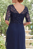 V-Neck Navy Beaded Long Mother of the Bride Dress with Ruffles