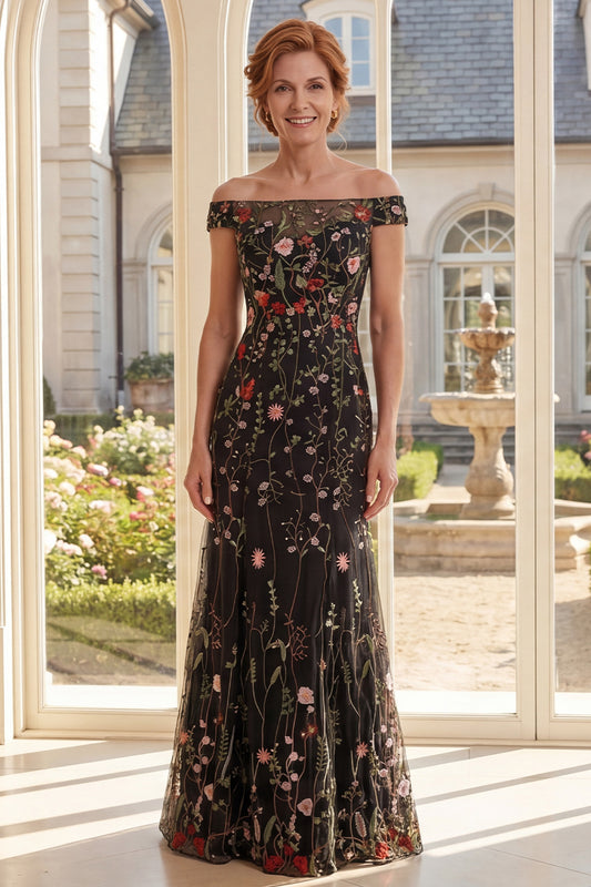 Off the Shoulder Black Floral Mermaid Long Mother of the Bride Dress