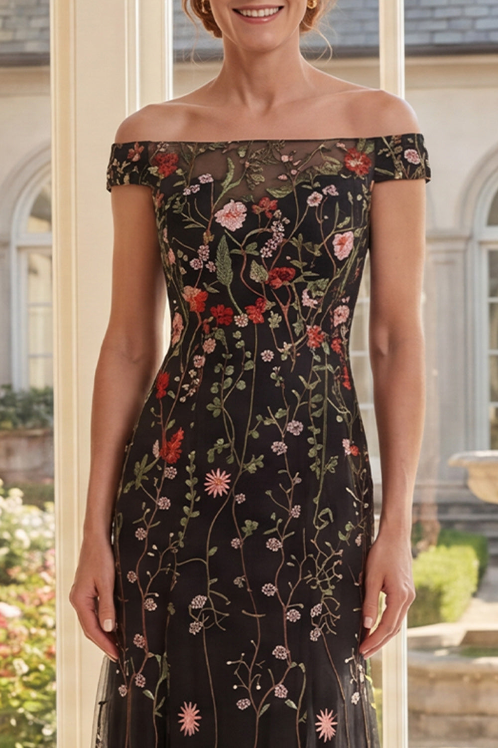 Off the Shoulder Black Floral Mermaid Long Mother of the Bride Dress