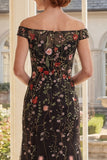 Off the Shoulder Black Floral Mermaid Long Mother of the Bride Dress