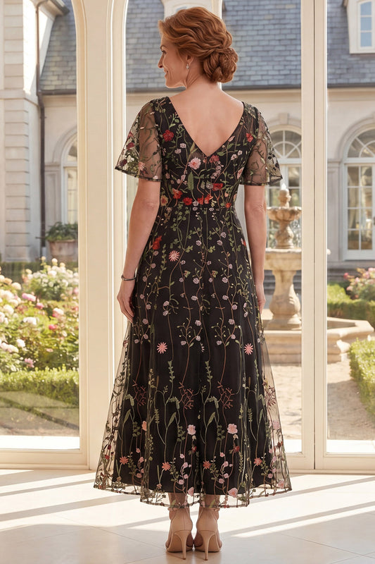 Black Short Sleeves Floral A Line Long Mother of the Bride Dress