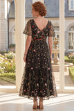 Black Short Sleeves Floral A Line Long Mother of the Bride Dress