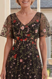 Black Short Sleeves Floral A Line Long Mother of the Bride Dress