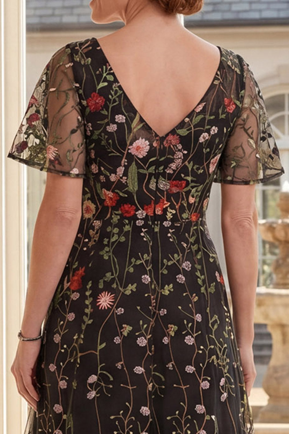 Black Short Sleeves Floral A Line Long Mother of the Bride Dress