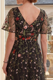 Black Short Sleeves Floral A Line Long Mother of the Bride Dress