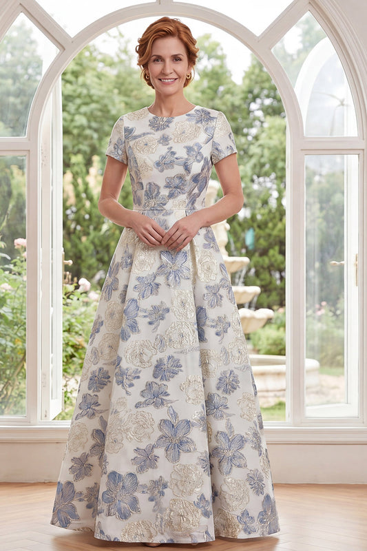 Dusty Blue Round Neck Floral A Line Long Mother of the Bride Dress