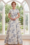 Dusty Blue Round Neck Floral A Line Long Mother of the Bride Dress