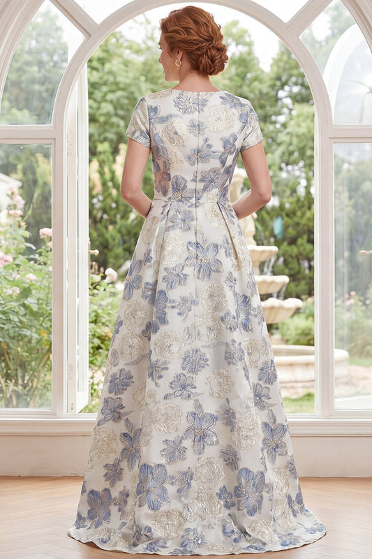 Dusty Blue Round Neck Floral A Line Long Mother of the Bride Dress