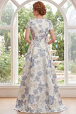 Dusty Blue Round Neck Floral A Line Long Mother of the Bride Dress